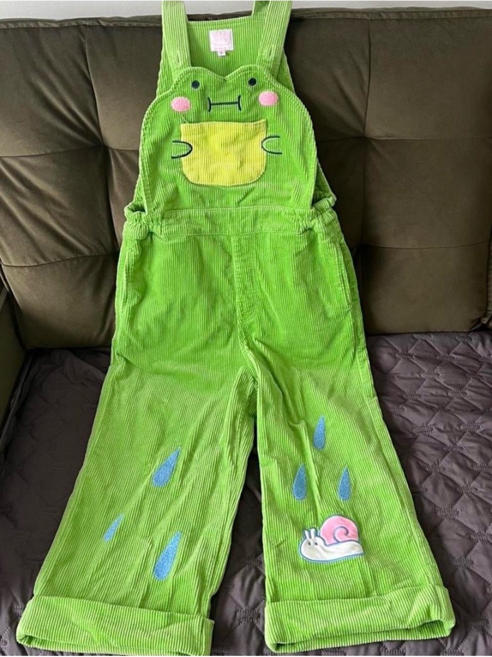 Women’s Green Frog Corduroy Overalls with Snail Detail